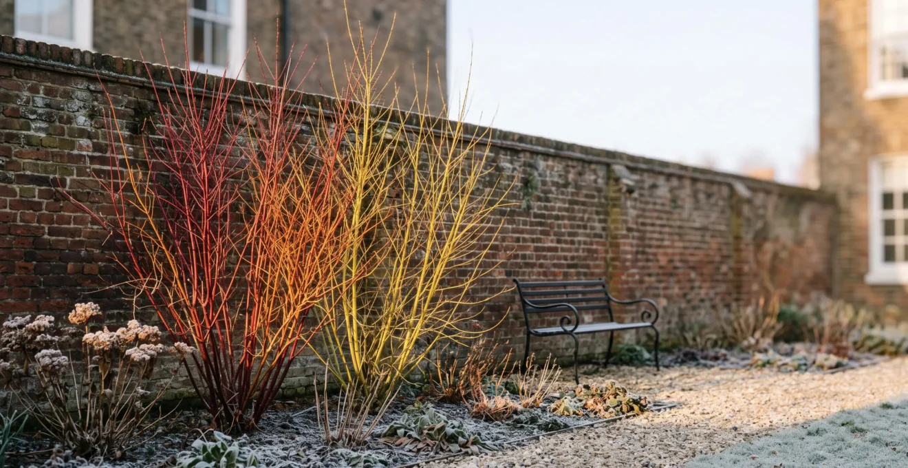 A frost-covered urban garden at dawn showing the colorful bare stems of structural deciduous shrubs against a stone wall.