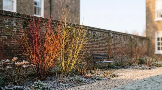 A frost-covered urban garden at dawn showing the colorful bare stems of structural deciduous shrubs against a stone wall.
