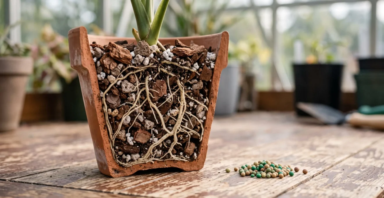 Cross-section view of a terracotta pot showing airy, porous potting mix around healthy white roots, contrasted with a small isolated pile of fertilizer granules