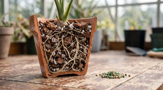 Cross-section view of a terracotta pot showing airy, porous potting mix around healthy white roots, contrasted with a small isolated pile of fertilizer granules