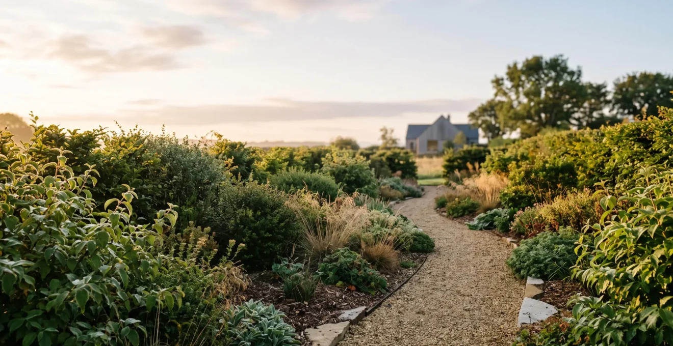 Wide editorial view of a resilient, water-efficient garden backbone with layered native hedges and dry-garden planting bathed in soft morning light