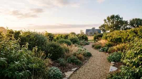 Wide editorial view of a resilient, water-efficient garden backbone with layered native hedges and dry-garden planting bathed in soft morning light
