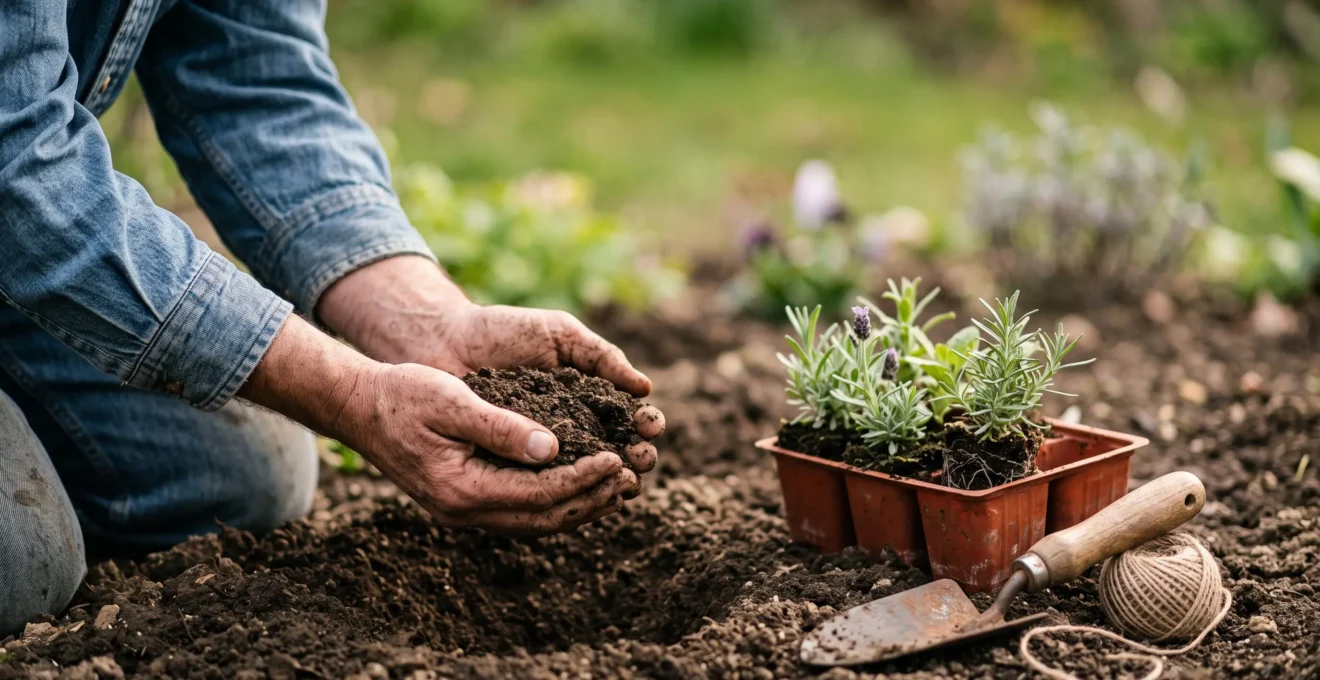 Gardener's hands testing dark garden soil texture beside young herb plants before planting
