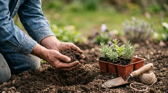 Gardener's hands testing dark garden soil texture beside young herb plants before planting