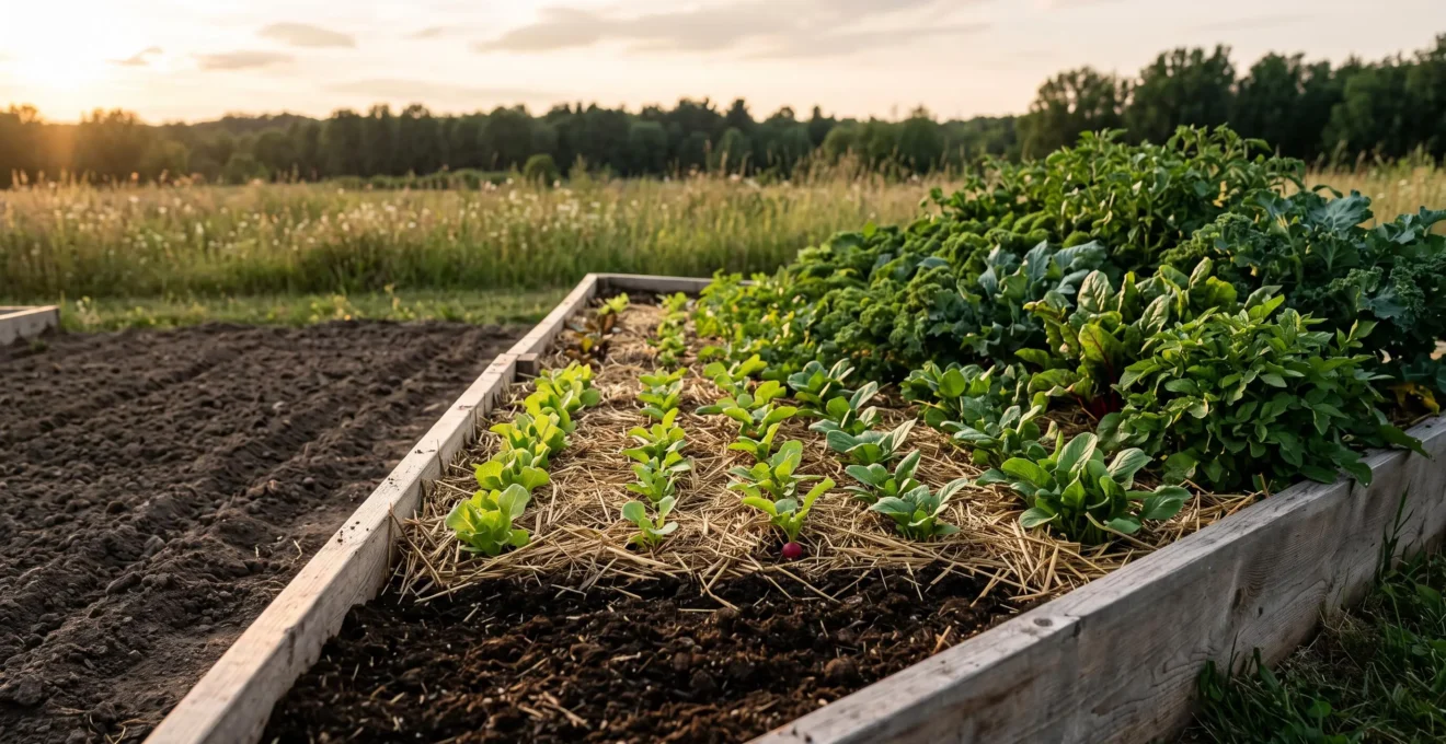 Wide editorial photograph of a thriving vegetable garden bed showing layers of compost, mulch and healthy crops symbolizing a multi-year soil-building cycle