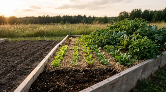 Wide editorial photograph of a thriving vegetable garden bed showing layers of compost, mulch and healthy crops symbolizing a multi-year soil-building cycle