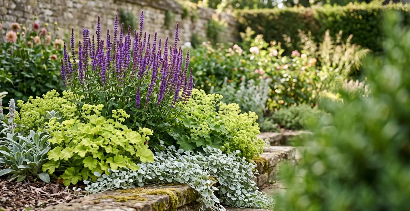 A lush garden border showing dramatic visual contrast between spiky purple flowers and mounded golden foliage in the thriller filler spiller style