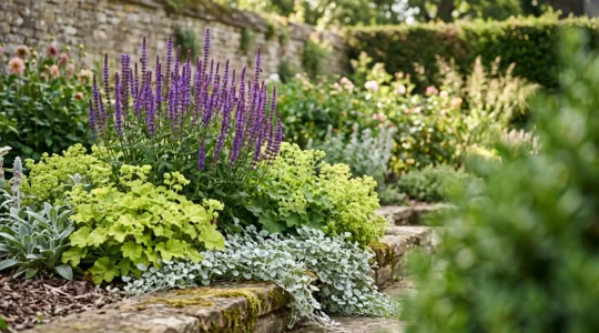 A lush garden border showing dramatic visual contrast between spiky purple flowers and mounded golden foliage in the thriller filler spiller style