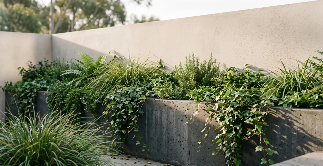 Lush cascading greenery spilling over a raised concrete planter against a minimalist modern building facade
