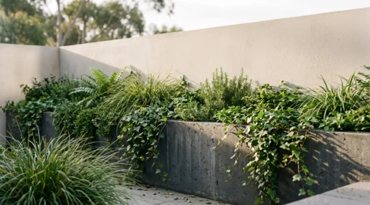 Lush cascading greenery spilling over a raised concrete planter against a minimalist modern building facade