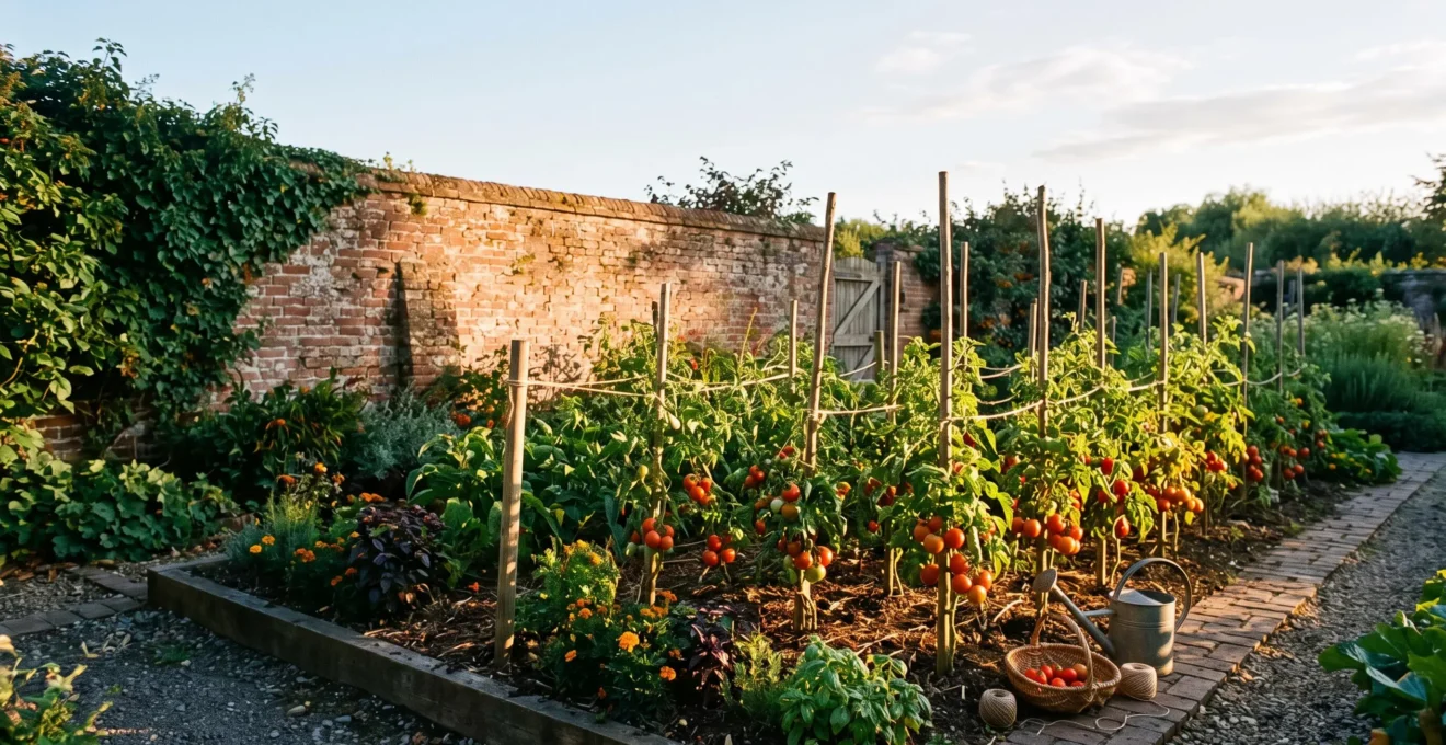 Wide editorial photograph of a traditional English walled garden showing sunlight tracking across raised beds of ripening tomato vines