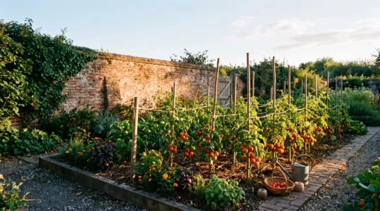 Wide editorial photograph of a traditional English walled garden showing sunlight tracking across raised beds of ripening tomato vines