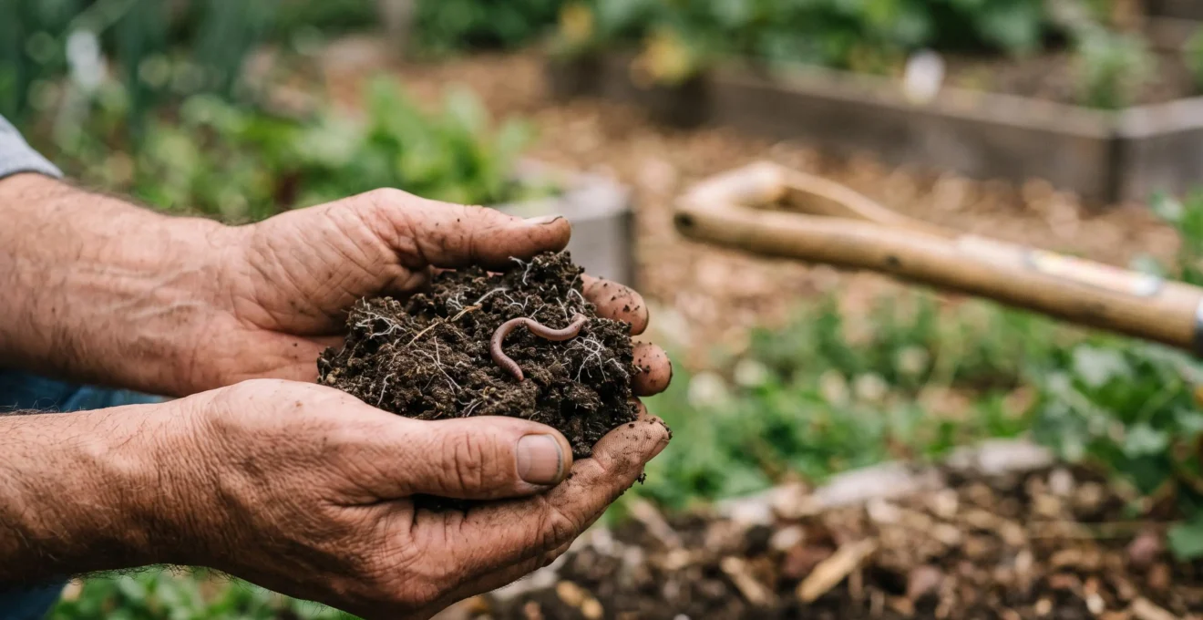 Close-up of a gardener's hands resting on undisturbed, crumbly soil with visible fine root threads, an unused shovel blurred in the background