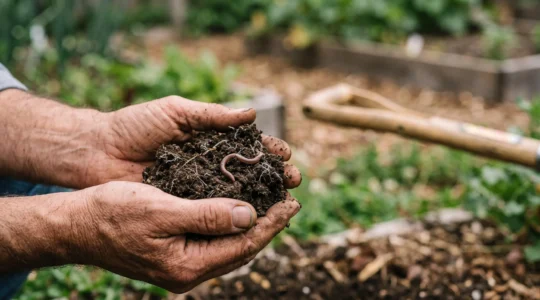 Close-up of a gardener's hands resting on undisturbed, crumbly soil with visible fine root threads, an unused shovel blurred in the background
