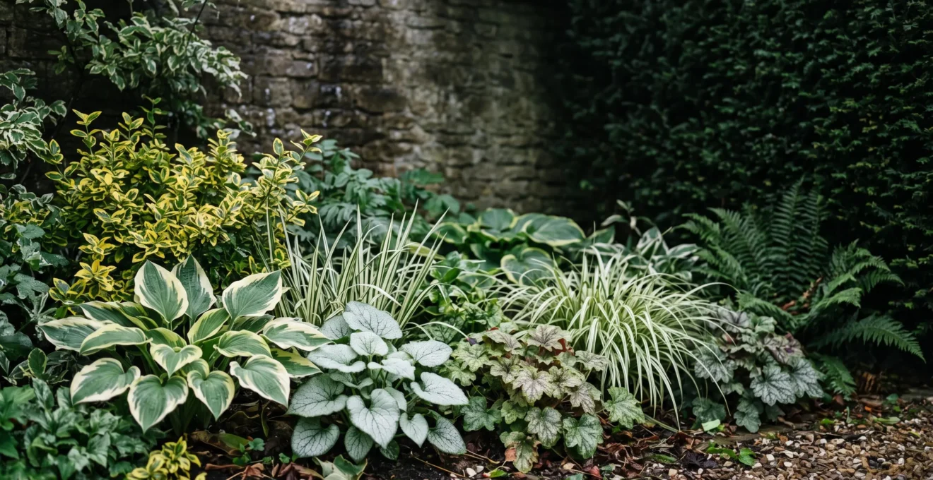 A shaded north-facing garden border glowing with bright variegated foliage plants under soft diffused daylight