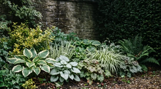 A shaded north-facing garden border glowing with bright variegated foliage plants under soft diffused daylight