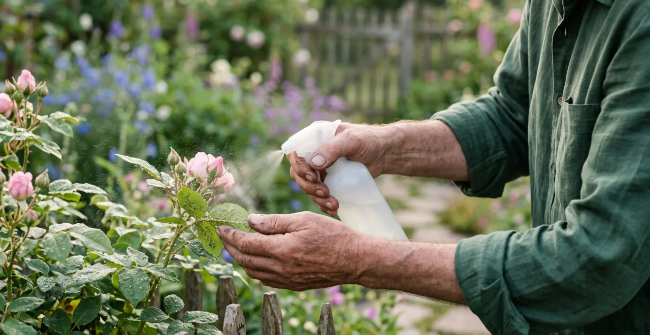 A gardener's hands gently treating aphid-covered rose stems with a fine water spray in a lush garden setting.