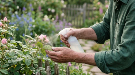 A gardener's hands gently treating aphid-covered rose stems with a fine water spray in a lush garden setting.