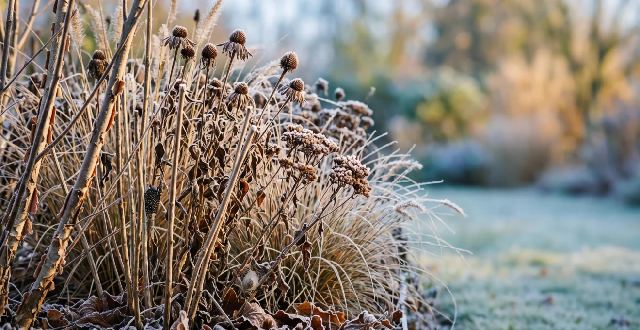 A frost-covered garden border left uncut in late autumn, with hollow plant stems and seed heads standing against a soft winter sky, symbolizing hidden insect life.