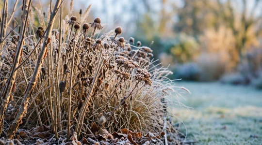 A frost-covered garden border left uncut in late autumn, with hollow plant stems and seed heads standing against a soft winter sky, symbolizing hidden insect life.